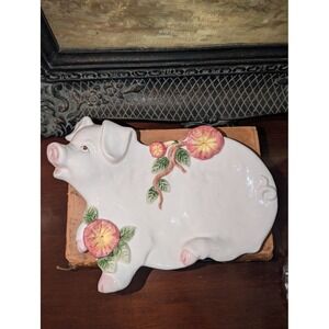 Vintage 1994 Omnibus Ceramic Pig Platter Floral Morning Glory White Pink 10x7